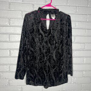Ivy Jane Black Sheer And Velvet Print Long Sleeve Cut Out V-Neck Top Size Small